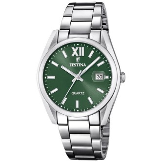 1 - Festina Classic time only men's watch with green background F20683/5 steel case and bracelet