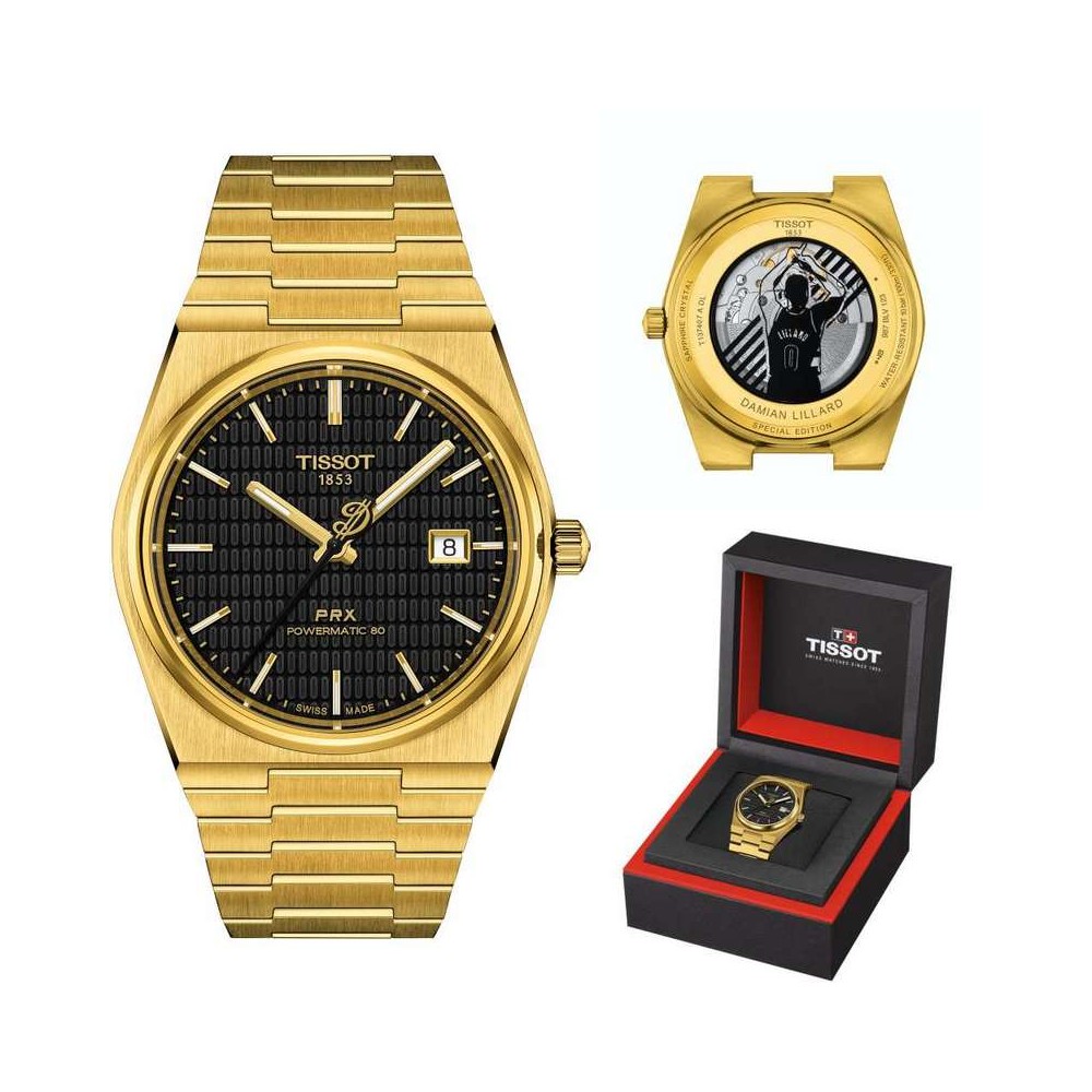 1 - Orologio uomo Tissot PRX Powermatic 80 Damian Lillard dorato Special Edition Automatico fondo nero T137.407.33.051.00 cassa 