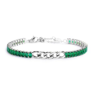 1 - Marlù women's tennis bracelet with green baguette crystals and steel chain 33BR0021-V