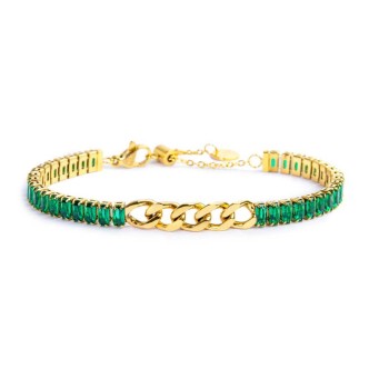 1 - Marlù women's tennis bracelet in gold with green baguette crystals and steel chain 33BR0021G-V