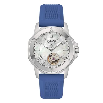 1 - Bulova Marine Star automatic women's watch with mother of pearl background 96L324 blue silicone strap