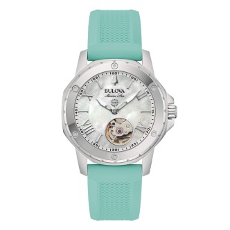 1 - Bulova Marine Star automatic women's watch with mother of pearl background 96L325 turquoise silicone strap