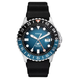 1 - Fossil GMT men's watch blue background FS6049 black silicone strap