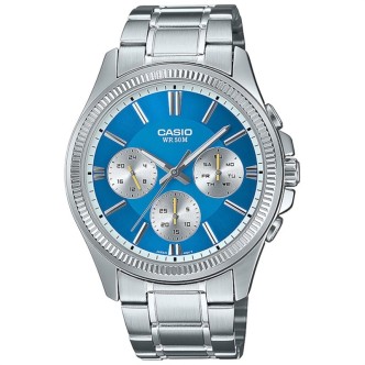 1 - Casio Classic men's chronograph watch turquoise background MTP-1375PD-2A2VEF steel case and bracelet