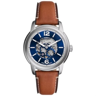 1 - Fossil Heritage automatic men's watch blue background ME3263 leather strap