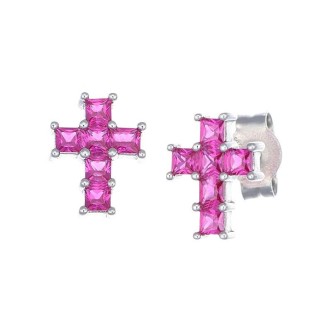 1 - Amen Women's Cross Earrings 925 Silver Pink Zircons ECQBR