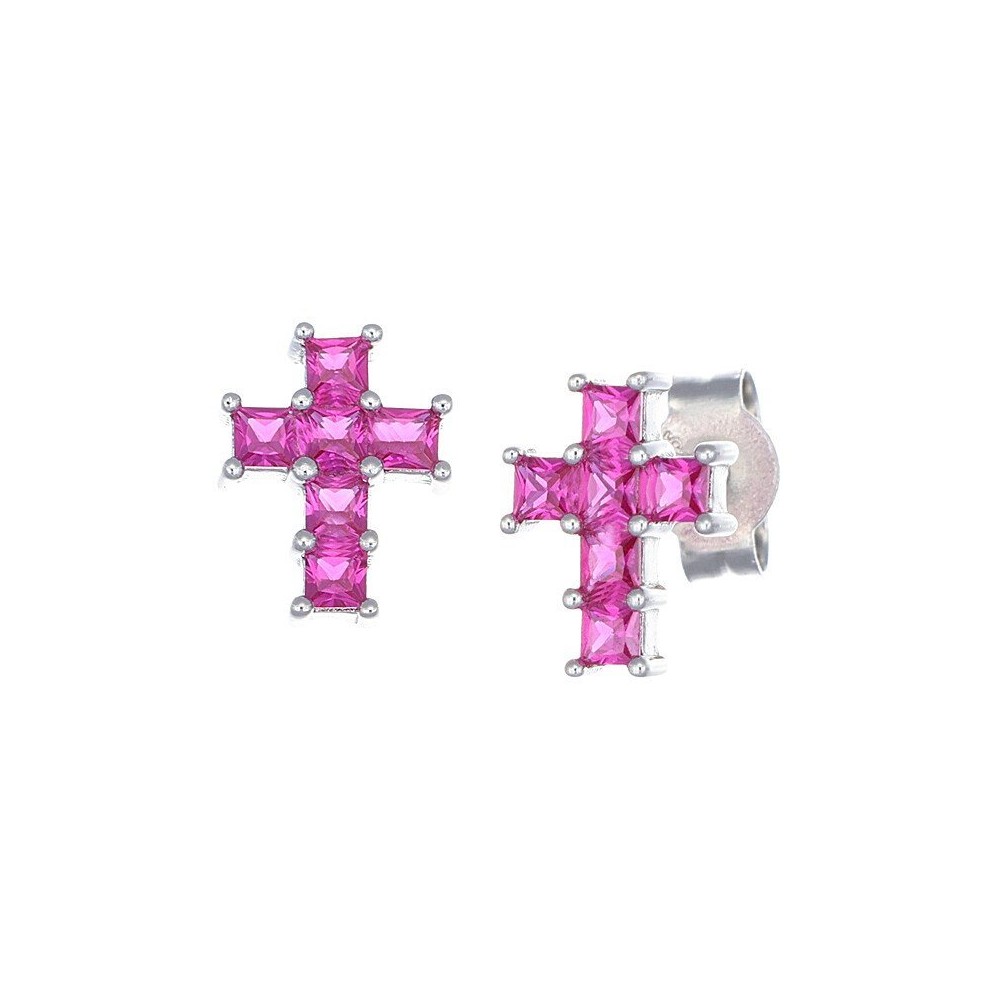 1 - Orecchini donna croce Amen Argento 925 zirconi rosa ECQBR