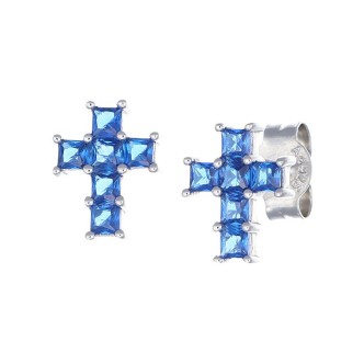 1 - Amen Women's Cross Earrings 925 Silver Blue Zirconia ECQBBL