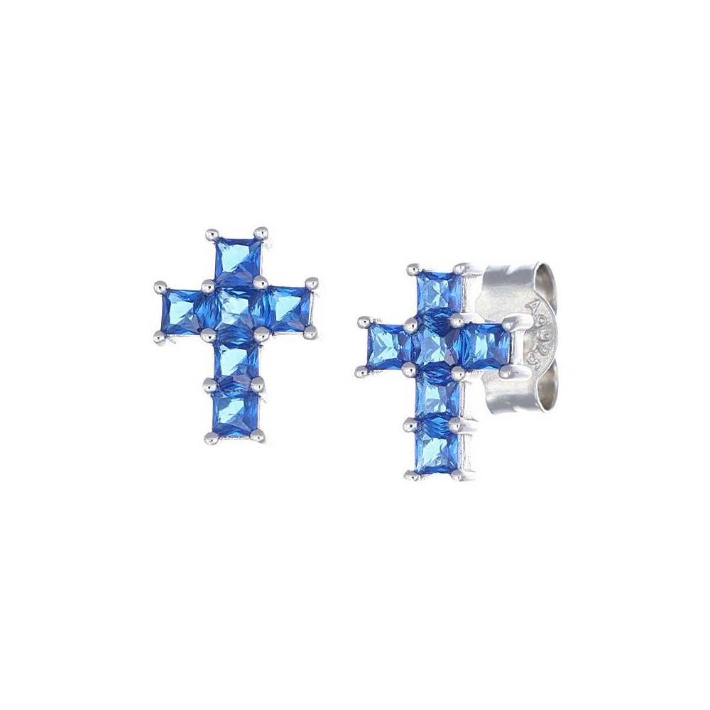 1 - Amen Women's Cross Earrings 925 Silver Blue Zirconia ECQBBL