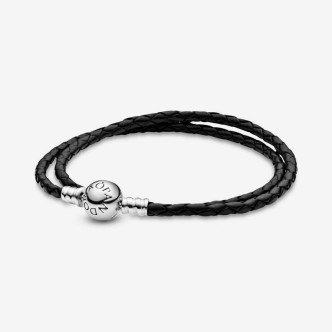 1 - Pandora Moments Women's Basic Bracelet Black Leather 925 Silver Double Wrap 590745CBK-D3