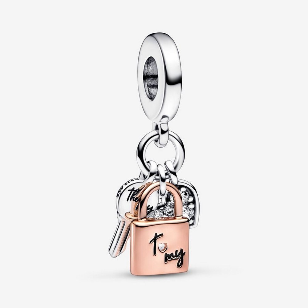 1 - Charm pendente donna Pandora cuore, chiave e lucchetto 782506C01 Argento 925 placcato con oro rosa 14K