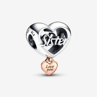 1 - Pandora Women's Charm Openwork Heart Sister 782244C00 925 Silver with Engraved Pendant Heart Plated with 14K Rose Gold