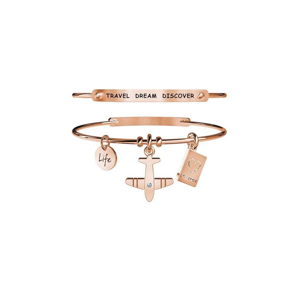 1 - Bracelet Kidult 731030 pendant with plane in steel 316L PVD Rose Gold with crystals Free Time collection