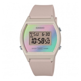 1 - Casio Collection women's watch pink LW-205H-4AEF resin case and strap with rainbow background