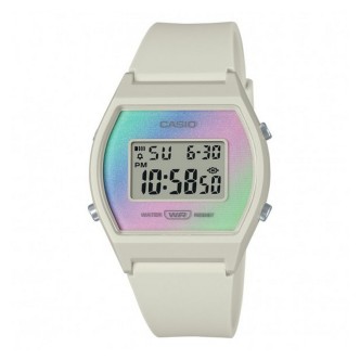 1 - Casio Collection white unisex watch LW-205H-8AEF resin case and strap with rainbow background