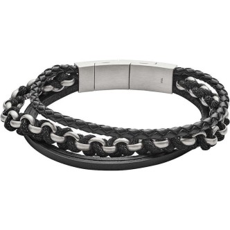 1 - Bracciale Fossil JF02937040 in pelle nera ed acciaio inossidabile