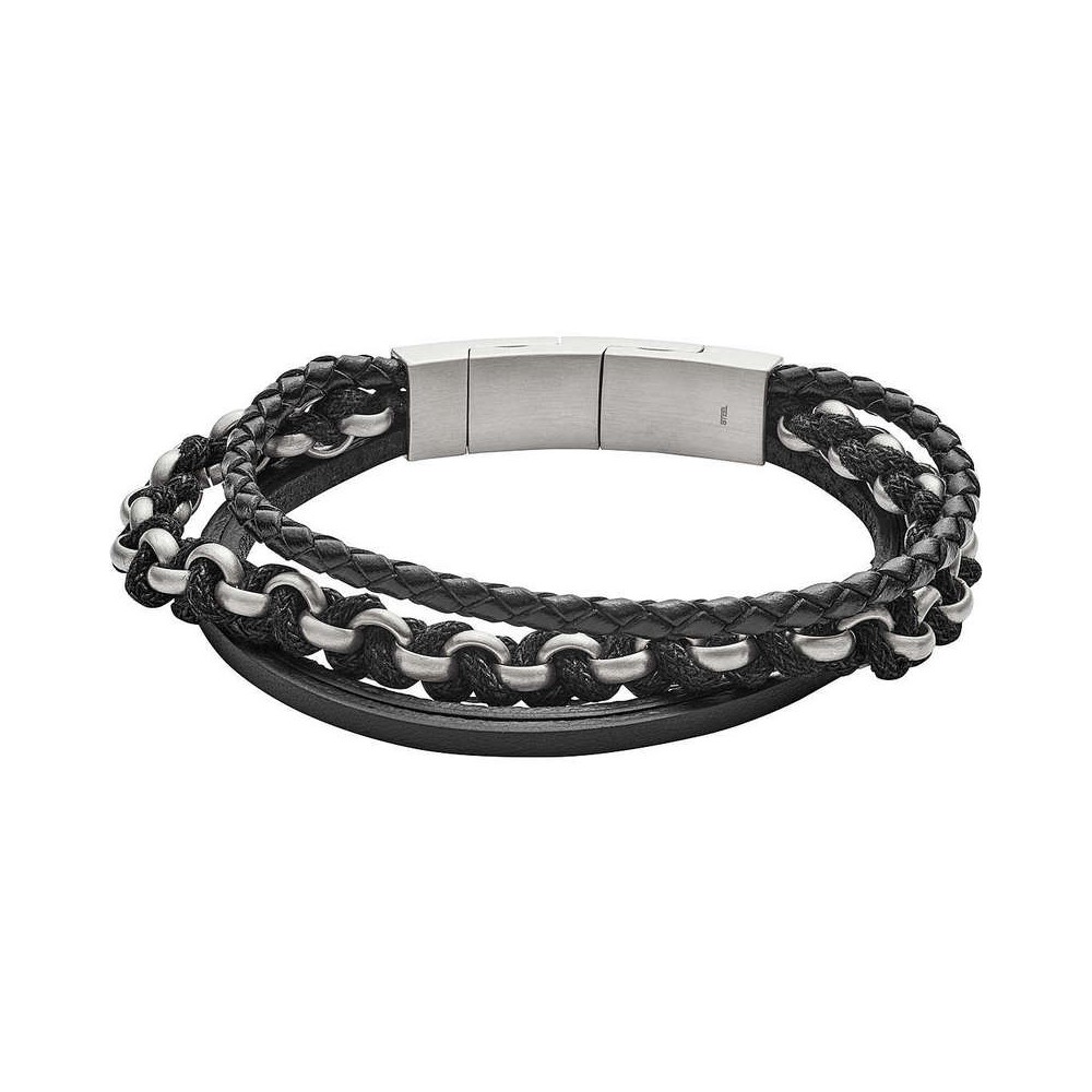 1 - Fossil bracelet JF02937040 in black leather with shiny finish and stainless steel.